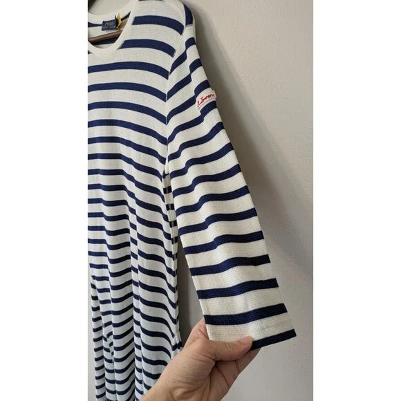 Polo Ralph Lauren Women's Maxi Dress Large Waffle Knit Preppy Blue White Striped - Picture 2 of 11